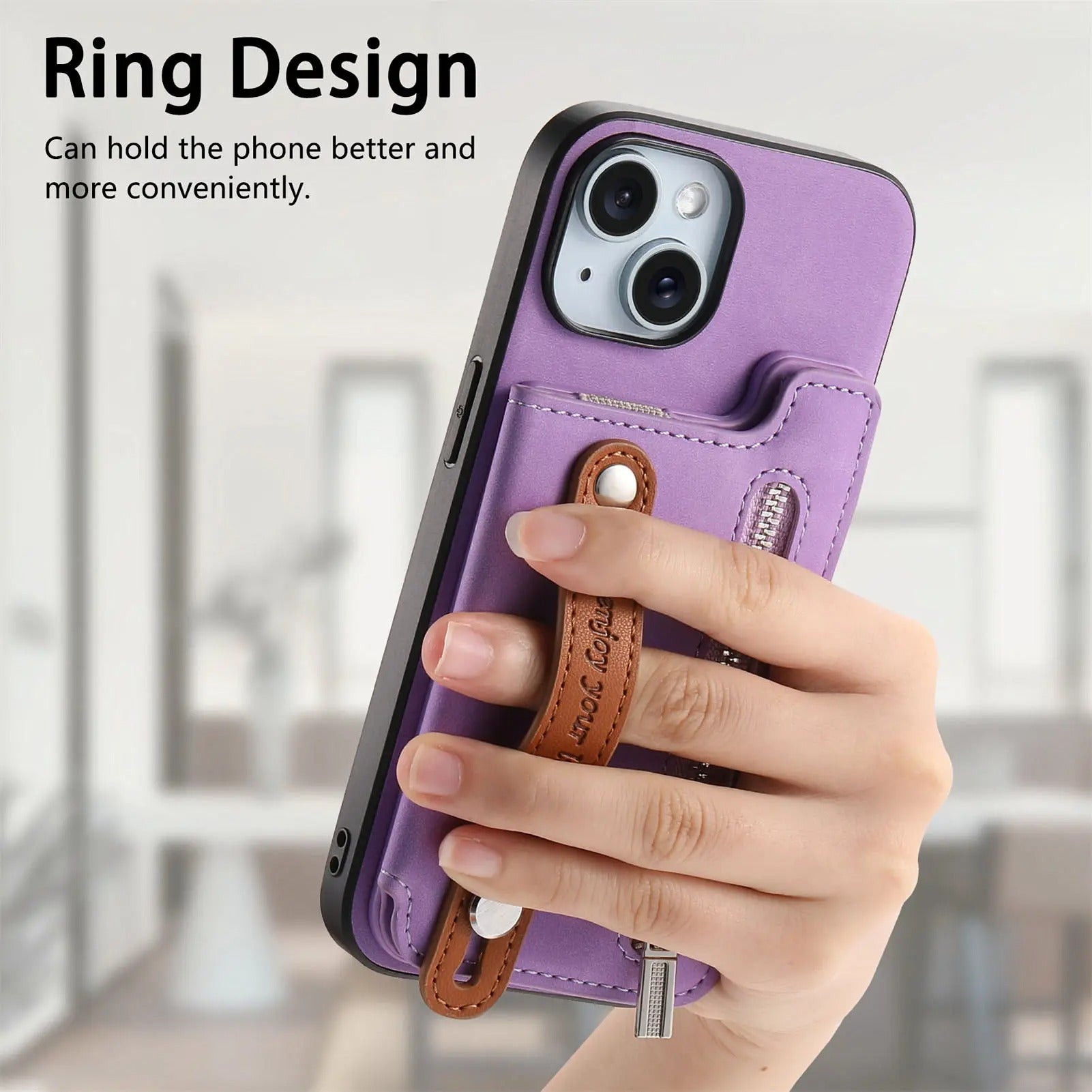 Luxury iPhone Detachable Zipper Wallet Case — Magnetic Flip Leather Cover with Card Slots, Wrist Strap, Kickstand Function, Full Body Shockproof Protection