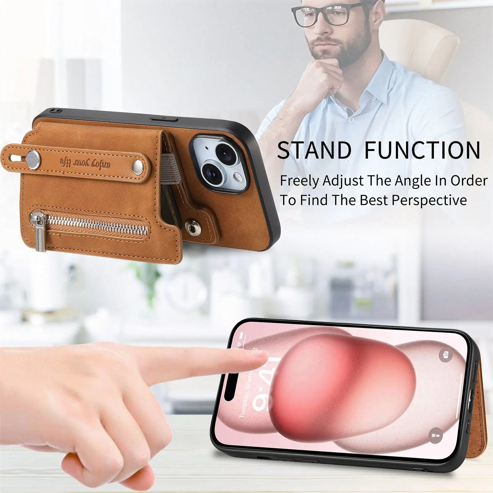 Luxury iPhone Detachable Zipper Wallet Case — Magnetic Flip Leather Cover with Card Slots, Wrist Strap, Kickstand Function, Full Body Shockproof Protection
