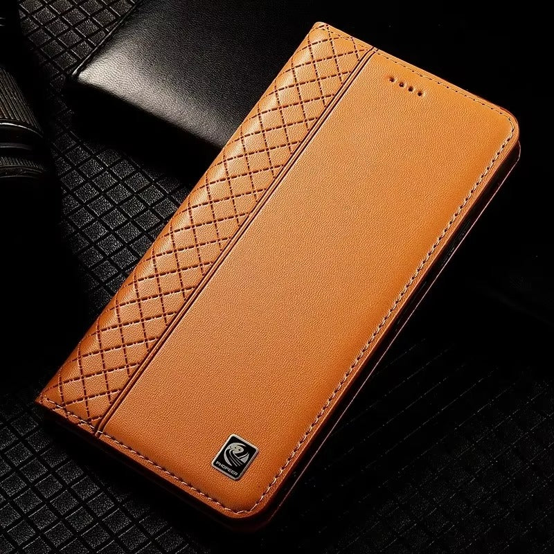 Luxury iPhone Flip Case Genuine Leather Cover — Magnetic Closure, Card Slot Holder, Business Style Design with Kickstand, Full Body Shockproof Protection