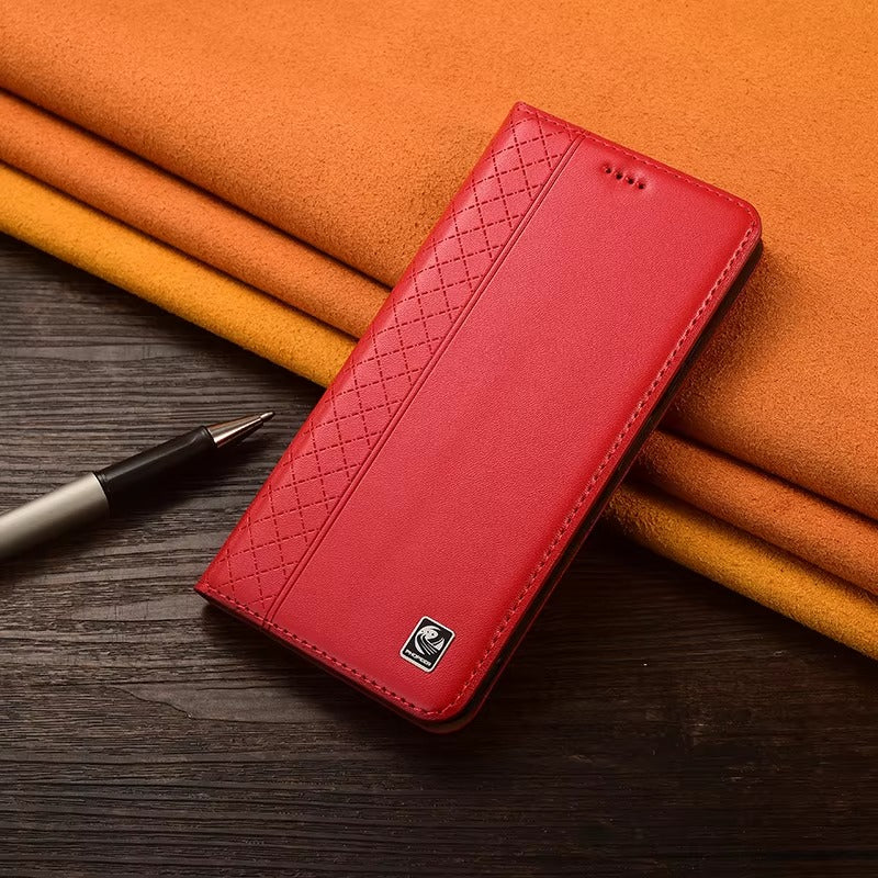 Luxury iPhone Flip Case Genuine Leather Cover — Magnetic Closure, Card Slot Holder, Business Style Design with Kickstand, Full Body Shockproof Protection