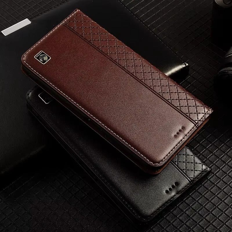 Luxury iPhone Flip Case Genuine Leather Cover — Magnetic Closure, Card Slot Holder, Business Style Design with Kickstand, Full Body Shockproof Protection