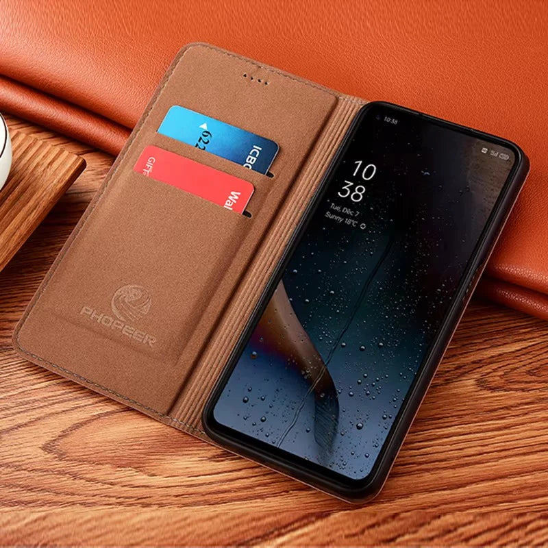 Luxury iPhone Flip Case Genuine Leather Cover — Magnetic Closure, Card Slot Holder, Business Style Design with Kickstand, Full Body Shockproof Protection