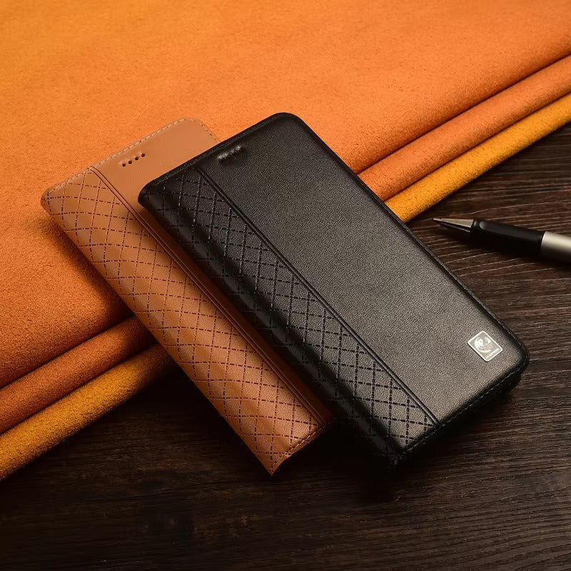 Luxury iPhone Flip Case Genuine Leather Cover — Magnetic Closure, Card Slot Holder, Business Style Design with Kickstand, Full Body Shockproof Protection