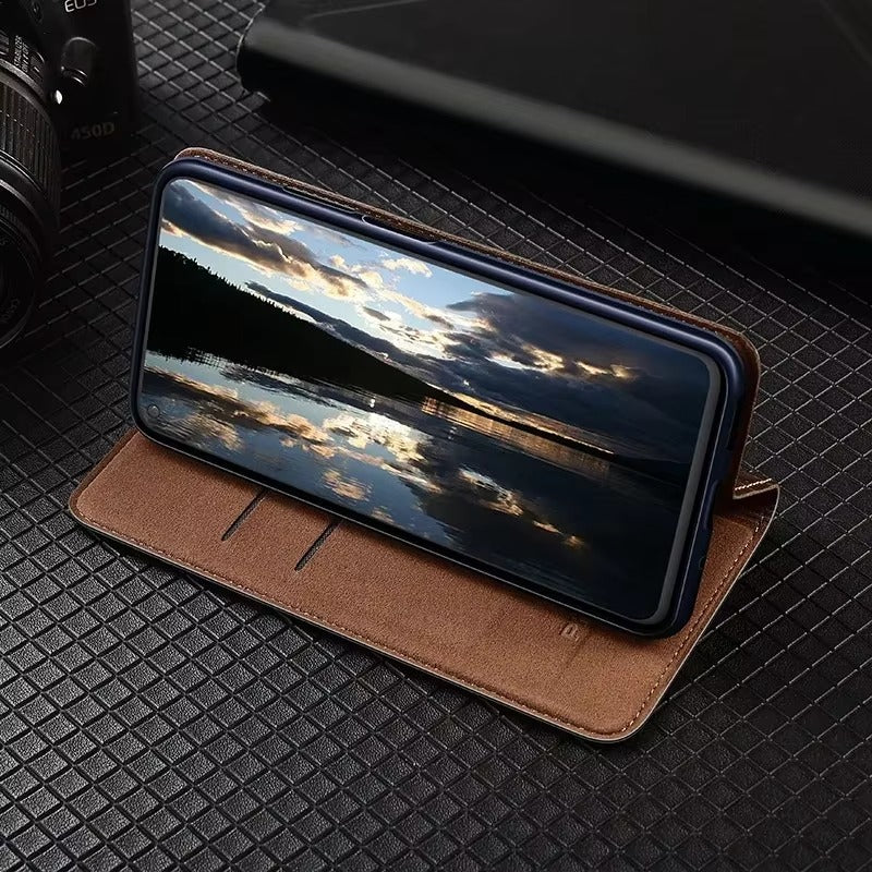 Luxury iPhone Flip Case Genuine Leather Cover — Magnetic Closure, Card Slot Holder, Business Style Design with Kickstand, Full Body Shockproof Protection