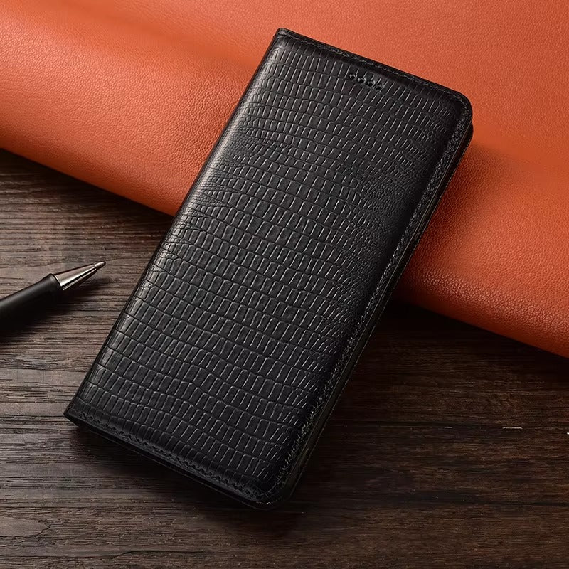 Luxury iPhone Flip Wallet Case Genuine Lizard Leather — Magnetic Closure, Kickstand Holder, Dustproof Non-Slip Design, Premium Full Body Protection