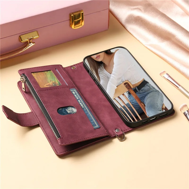 Luxury iPhone Crossbody Zipper Wallet Case — PU Leather Cover with Card Holder, Wrist Strap and Lanyard, Kickstand Function, Shockproof Anti-Fingerprint Design