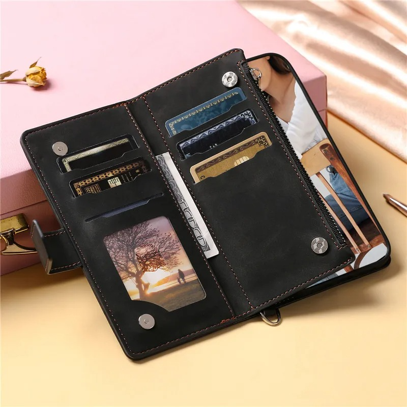 Luxury iPhone Crossbody Zipper Wallet Case — PU Leather Cover with Card Holder, Wrist Strap and Lanyard, Kickstand Function, Shockproof Anti-Fingerprint Design