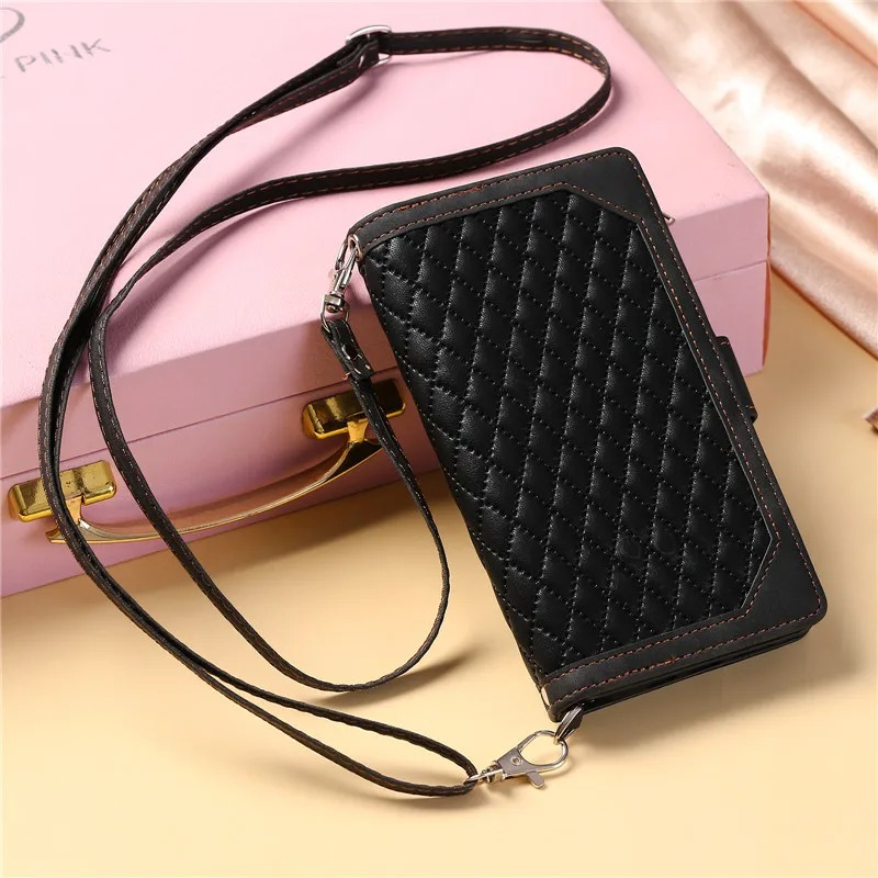 Luxury iPhone Crossbody Zipper Wallet Case — PU Leather Cover with Card Holder, Wrist Strap and Lanyard, Kickstand Function, Shockproof Anti-Fingerprint Design