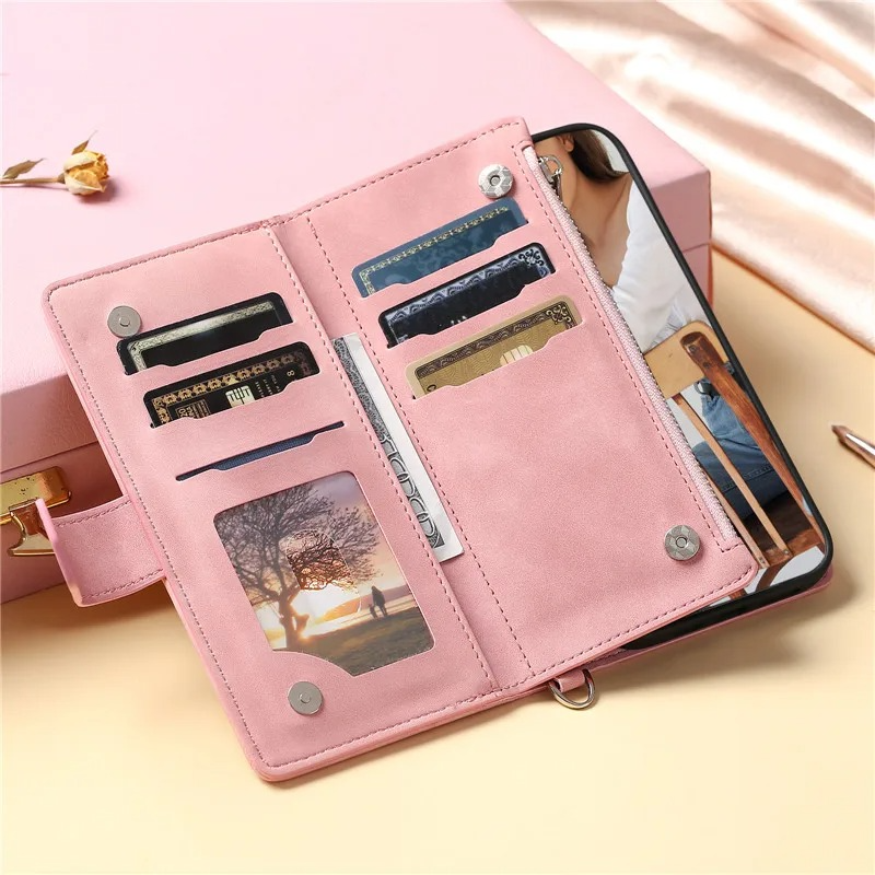 Luxury iPhone Crossbody Zipper Wallet Case — PU Leather Cover with Card Holder, Wrist Strap and Lanyard, Kickstand Function, Shockproof Anti-Fingerprint Design
