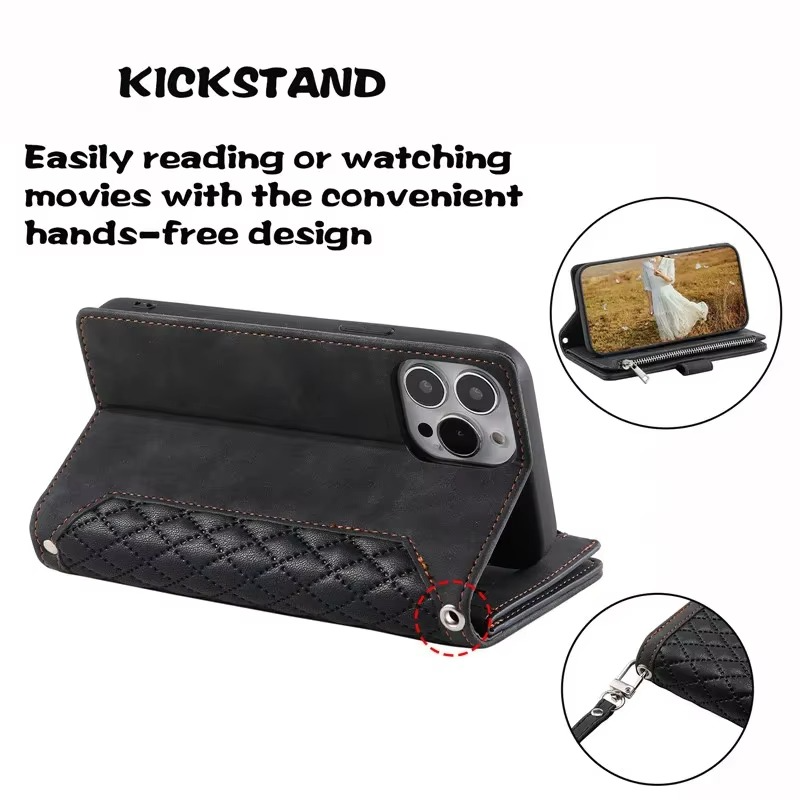 Luxury iPhone Crossbody Zipper Wallet Case — PU Leather Cover with Card Holder, Wrist Strap and Lanyard, Kickstand Function, Shockproof Anti-Fingerprint Design