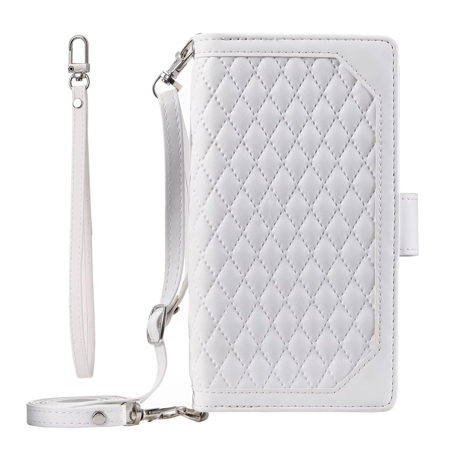 Luxury iPhone Crossbody Zipper Wallet Case — PU Leather Cover with Card Holder, Wrist Strap and Lanyard, Kickstand Function, Shockproof Anti-Fingerprint Design