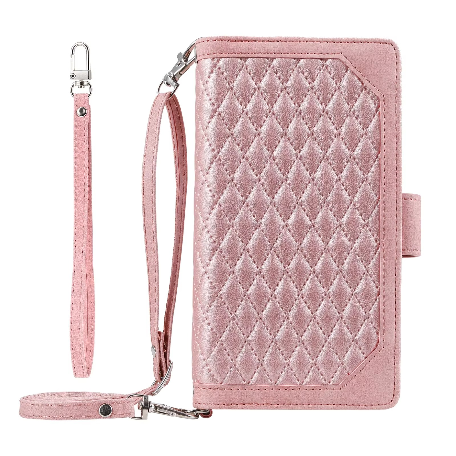 Luxury iPhone Crossbody Zipper Wallet Case — PU Leather Cover with Card Holder, Wrist Strap and Lanyard, Kickstand Function, Shockproof Anti-Fingerprint Design