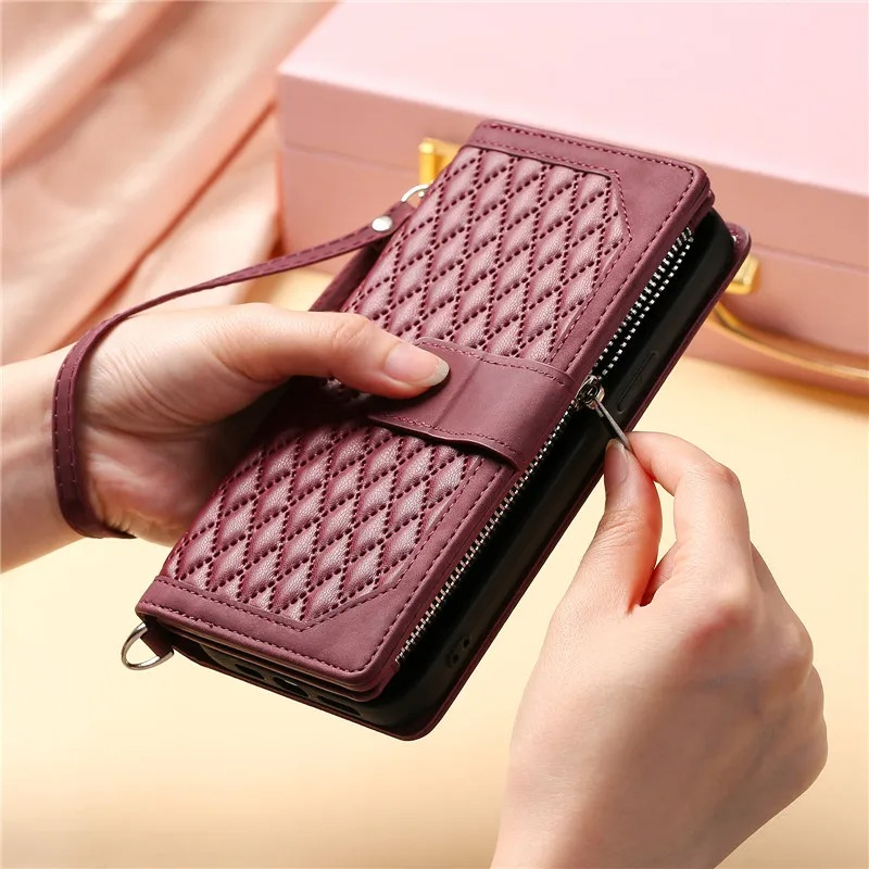 Luxury iPhone Crossbody Zipper Wallet Case — PU Leather Cover with Card Holder, Wrist Strap and Lanyard, Kickstand Function, Shockproof Anti-Fingerprint Design