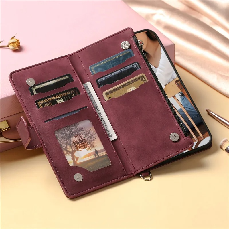 Luxury iPhone Crossbody Zipper Wallet Case — PU Leather Cover with Card Holder, Wrist Strap and Lanyard, Kickstand Function, Shockproof Anti-Fingerprint Design