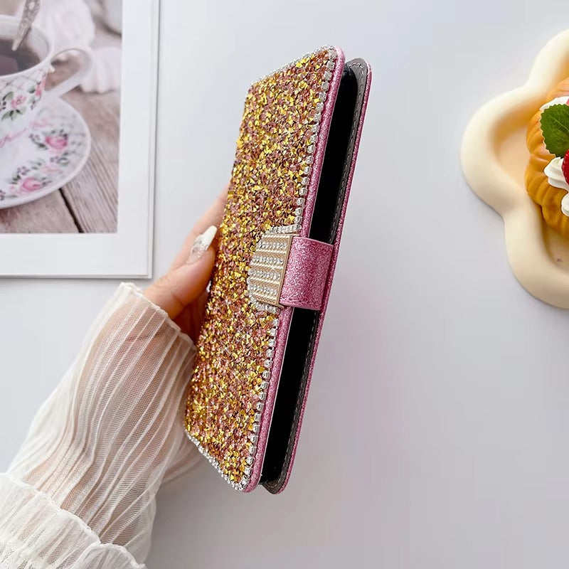 Luxury iPhone Glitter Wallet Flip Case — PU Leather Cover with Sparkling Design, Card Storage Compartment, Full Body Protection, Stylish and Durable