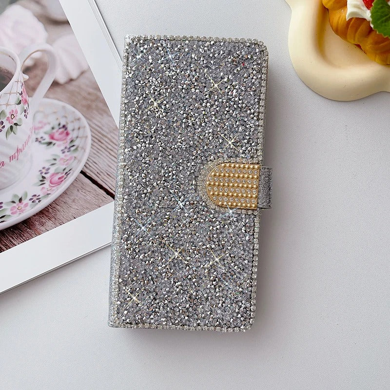 Luxury iPhone Glitter Wallet Flip Case — PU Leather Cover with Sparkling Design, Card Storage Compartment, Full Body Protection, Stylish and Durable