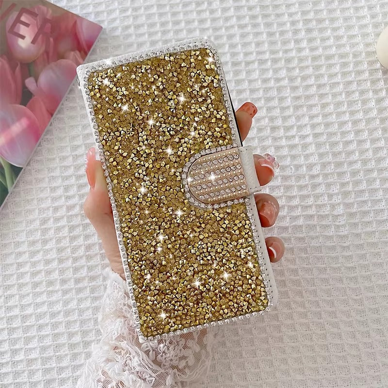 Luxury iPhone Glitter Wallet Flip Case — PU Leather Cover with Sparkling Design, Card Storage Compartment, Full Body Protection, Stylish and Durable