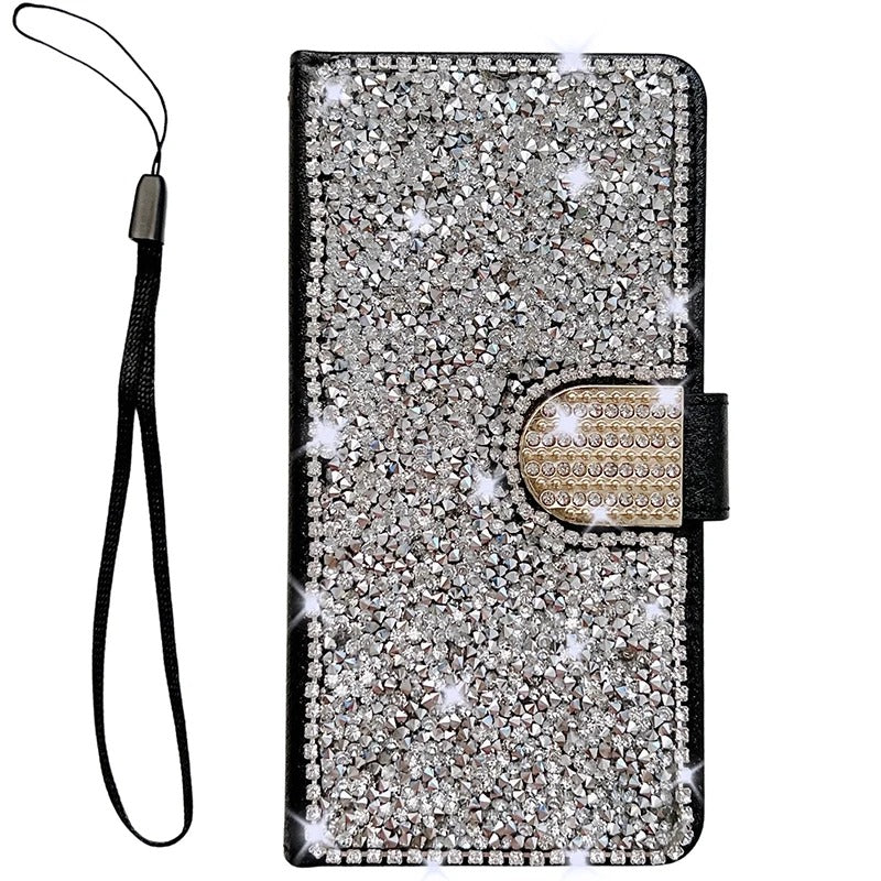 Luxury iPhone Glitter Wallet Flip Case — PU Leather Cover with Sparkling Design, Card Storage Compartment, Full Body Protection, Stylish and Durable