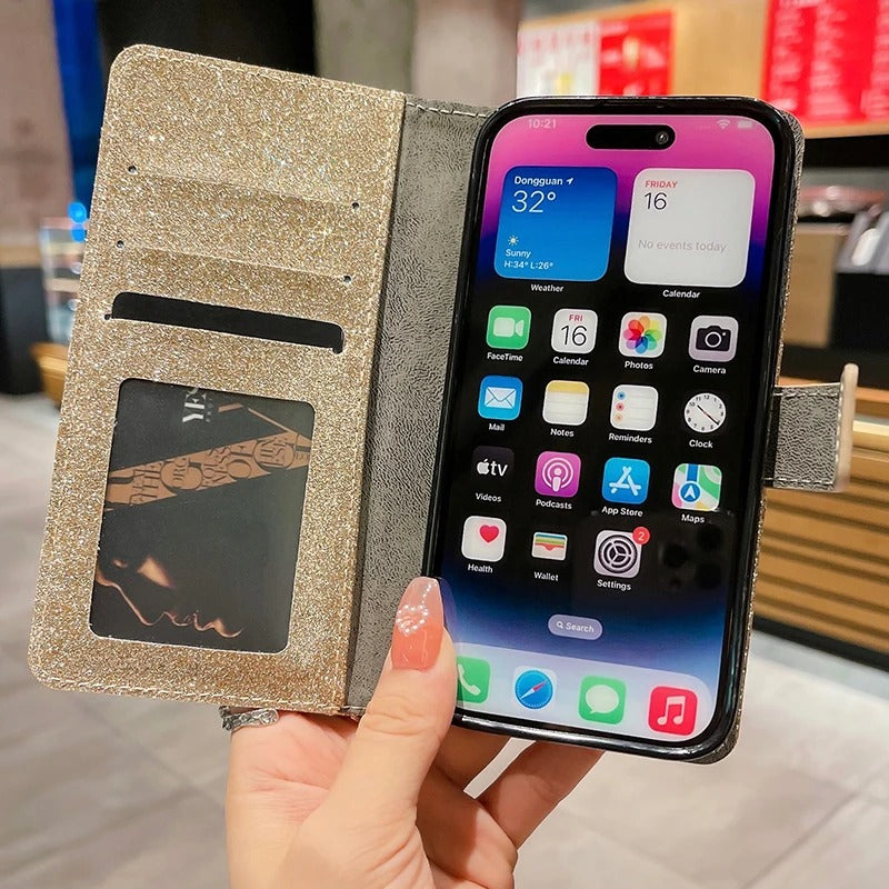 Luxury iPhone Glitter Wallet Flip Case — PU Leather Cover with Sparkling Design, Card Storage Compartment, Full Body Protection, Stylish and Durable