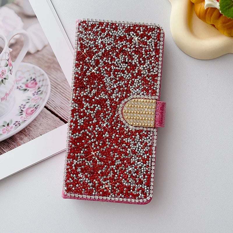 Luxury iPhone Glitter Wallet Flip Case — PU Leather Cover with Sparkling Design, Card Storage Compartment, Full Body Protection, Stylish and Durable
