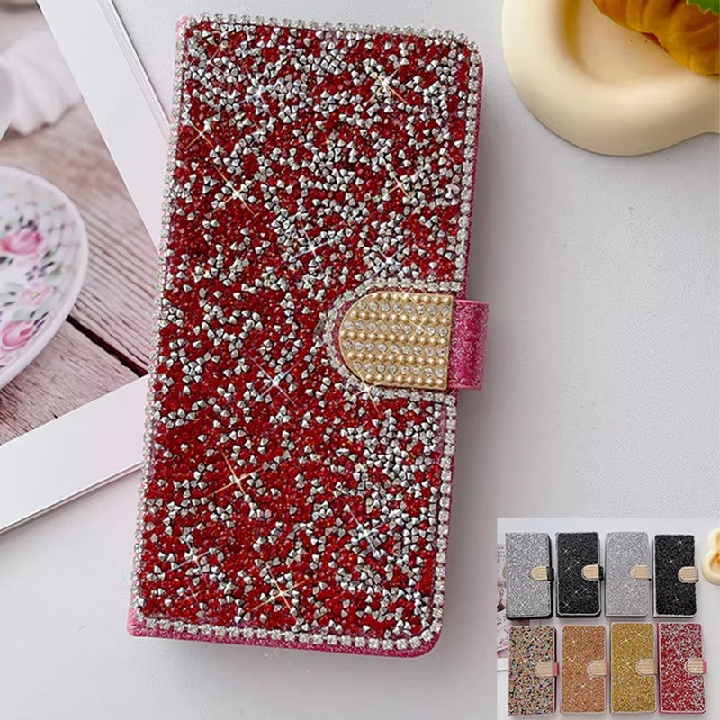 Luxury iPhone Glitter Wallet Flip Case — PU Leather Cover with Sparkling Design, Card Storage Compartment, Full Body Protection, Stylish and Durable