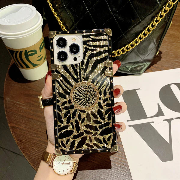 Luxury iPhone Leather Case with Gold Ring Holder — Stylish Protective Cover for Women, Shockproof Design, Glitter Finish, Anti-Scratch Dustproof Protection