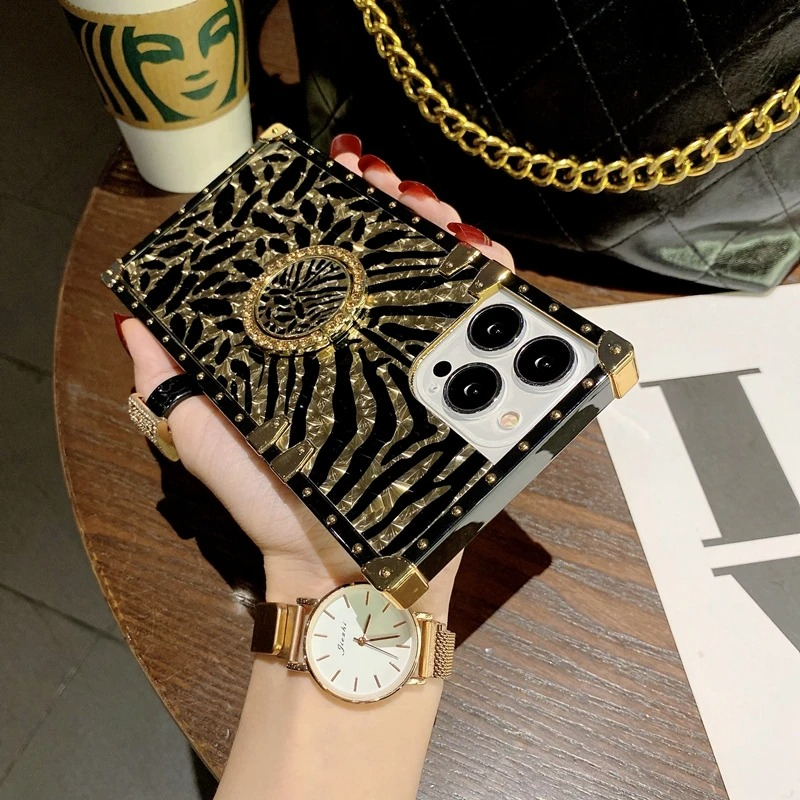 Luxury iPhone Leather Case with Gold Ring Holder — Stylish Protective Cover for Women, Shockproof Design, Glitter Finish, Anti-Scratch Dustproof Protection