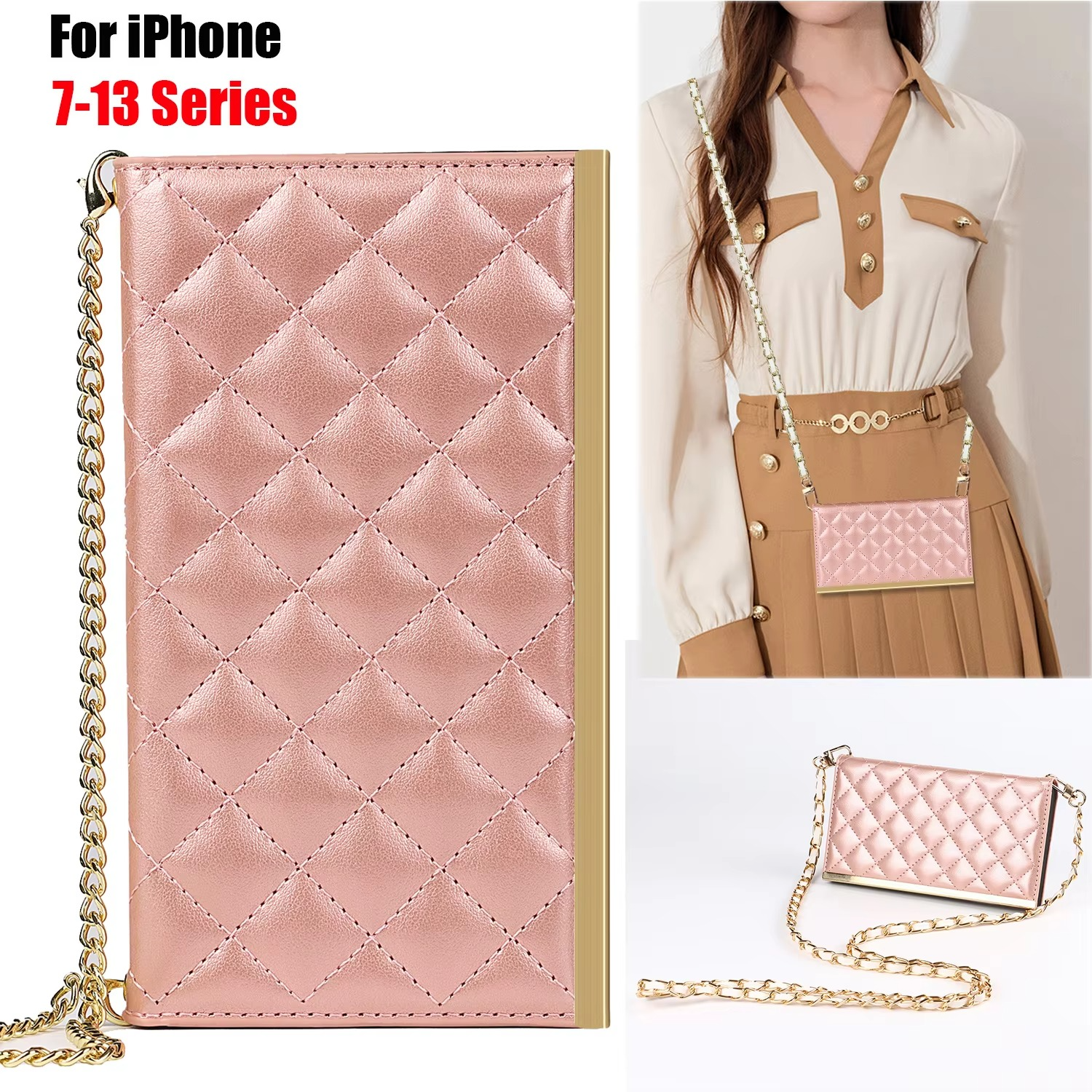 Luxury iPhone Leather Crossbody Wallet Case — PU Leather Cover with Card Holder, Chain Strap Lanyard, Kickstand Function, Shockproof Dustproof Protection