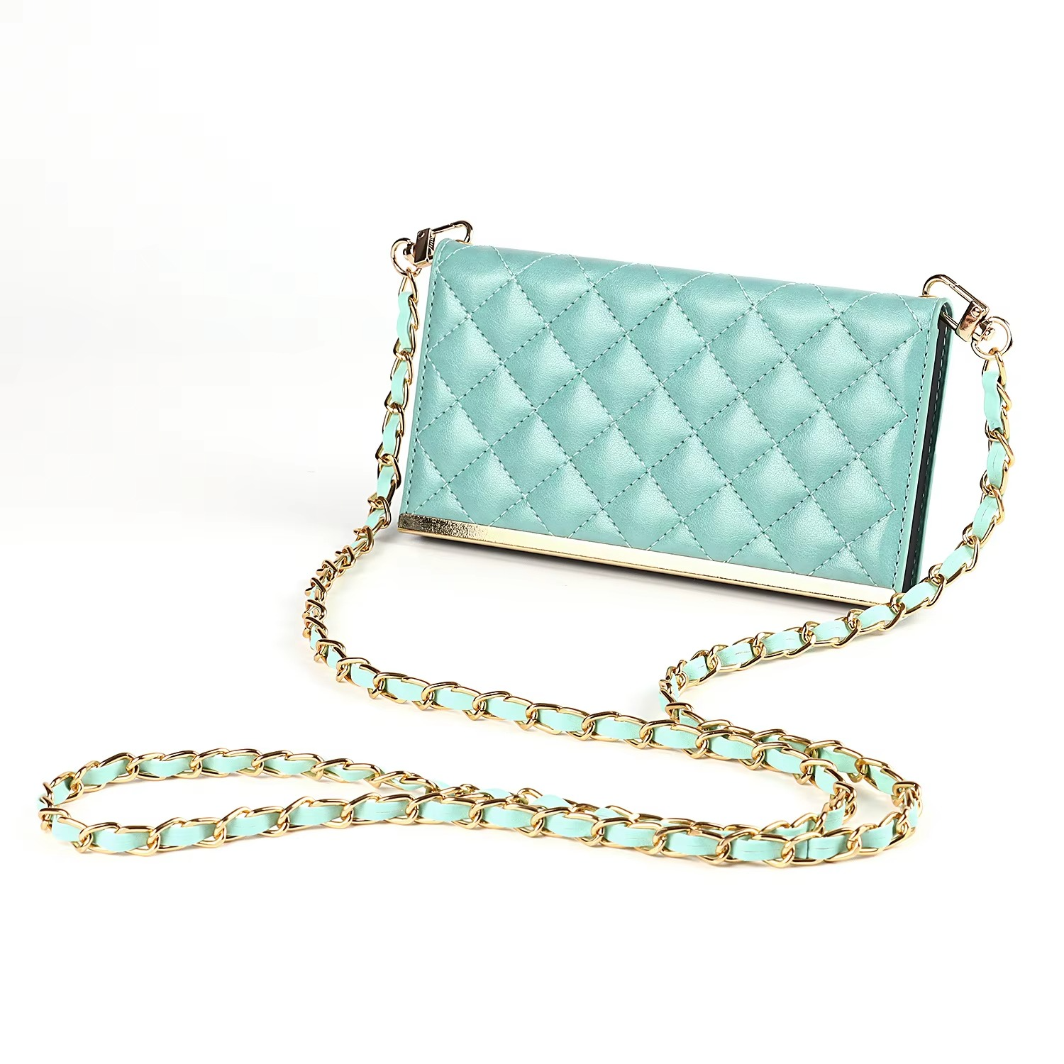 Luxury iPhone Leather Crossbody Wallet Case — PU Leather Cover with Card Holder, Chain Strap Lanyard, Kickstand Function, Shockproof Dustproof Protection