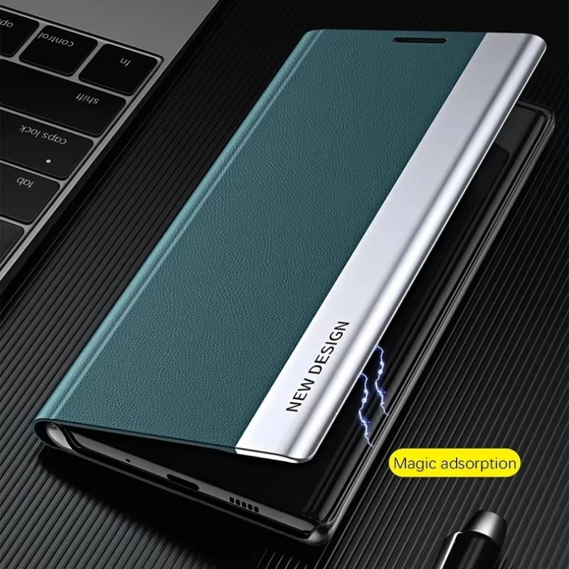 Luxury iPhone Leather Flip Case with Stand — Plating Book-Style Cover, Kickstand Holder, Shockproof Protection, Anti-Fingerprint Matte Finish