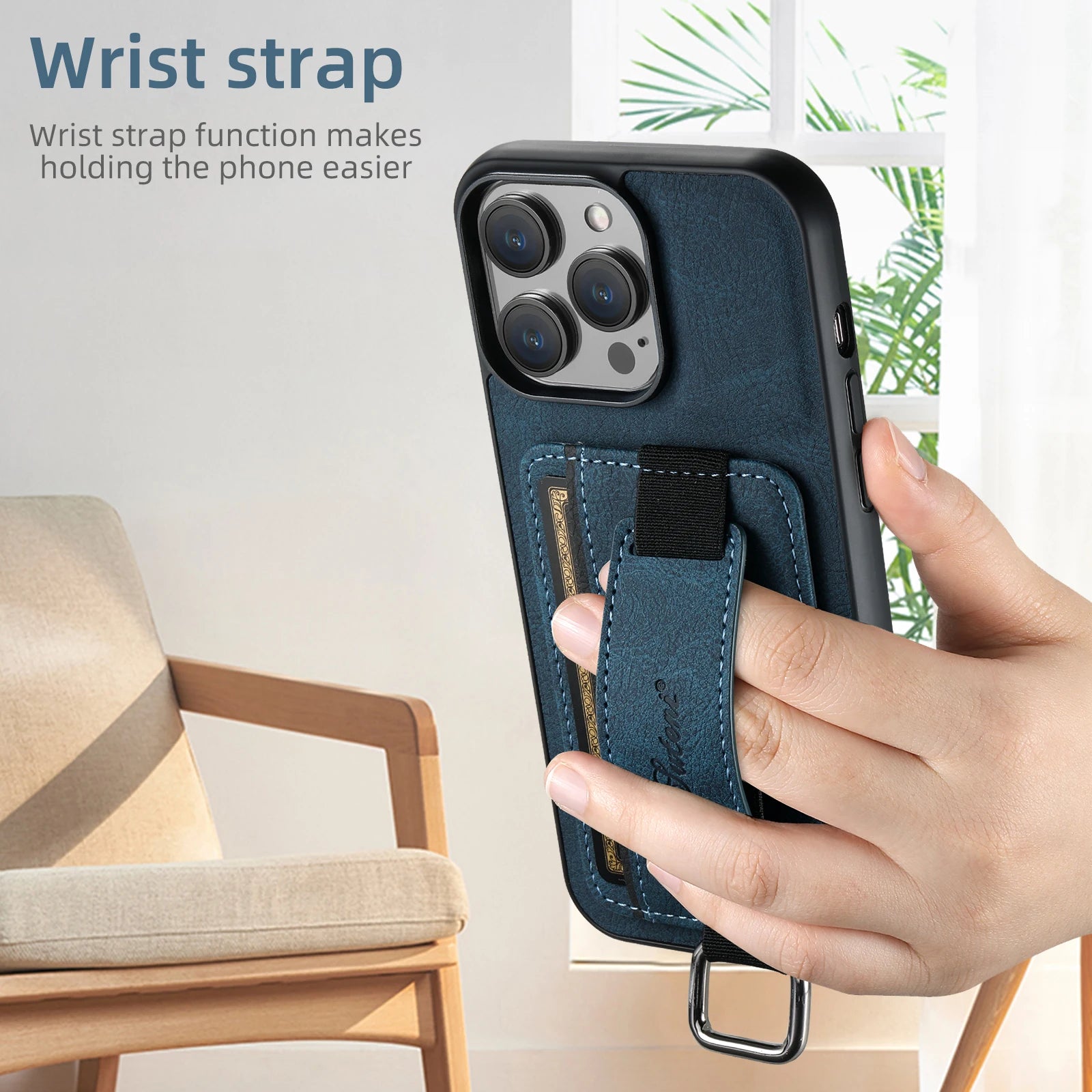 Luxury iPhone Leather Wallet Case with Card Holder — Wrist Strap Design, PU Leather Cover, Shockproof Full Body Protection, Stylish Storage Compartment
