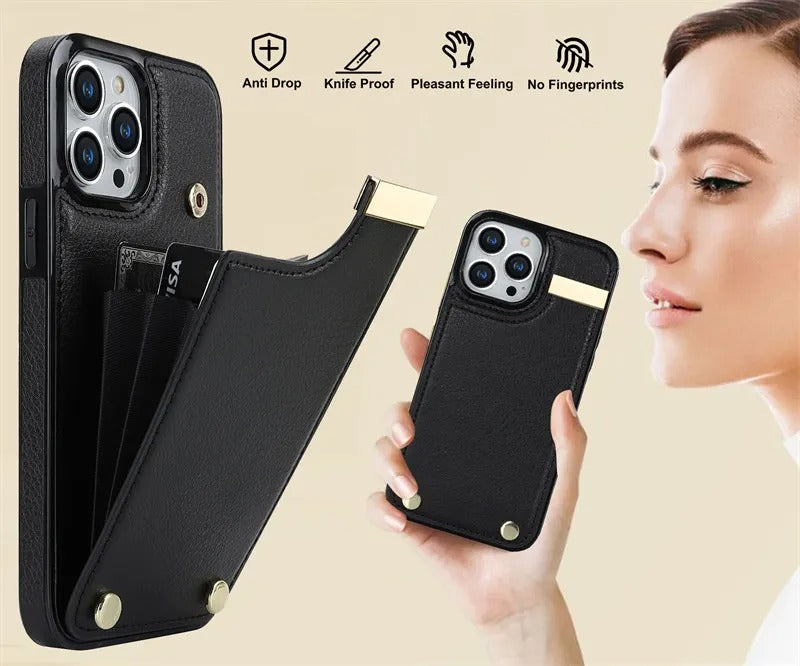 Luxury iPhone Leather Wallet Case with Card Holders — Kickstand Function, Full Body Protective Cover, Shockproof Design, Stylish and Functional Phone Case