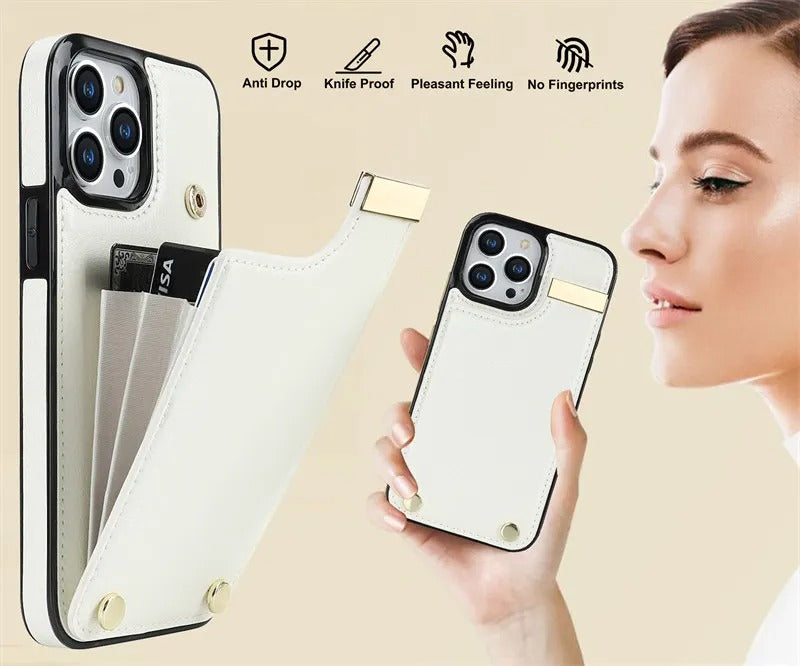 Luxury iPhone Leather Wallet Case with Card Holders — Kickstand Function, Full Body Protective Cover, Shockproof Design, Stylish and Functional Phone Case