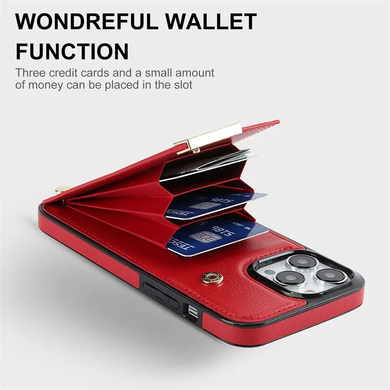 Luxury iPhone Leather Wallet Case with Card Holders — Kickstand Function, Full Body Protective Cover, Shockproof Design, Stylish and Functional Phone Case