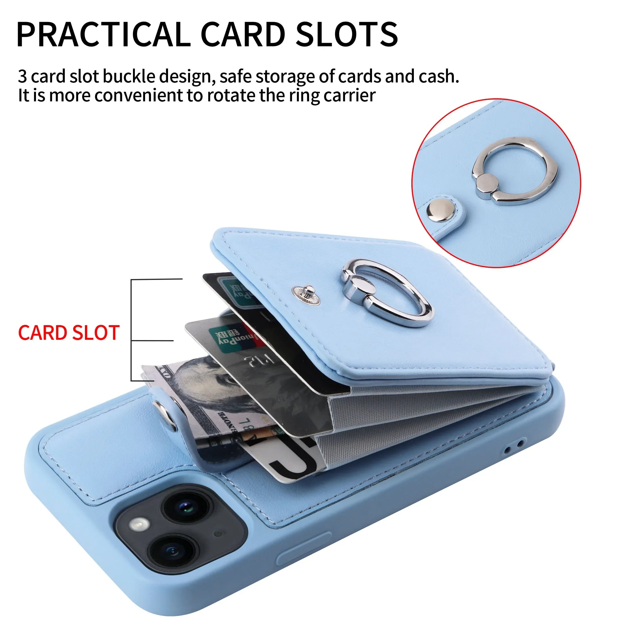 Luxury iPhone Leather Wallet Case with Ring Holder — Card Slot Cover, Shockproof Protective Design, Anti-Fingerprint Scratch-Resistant Non-Slip Finish