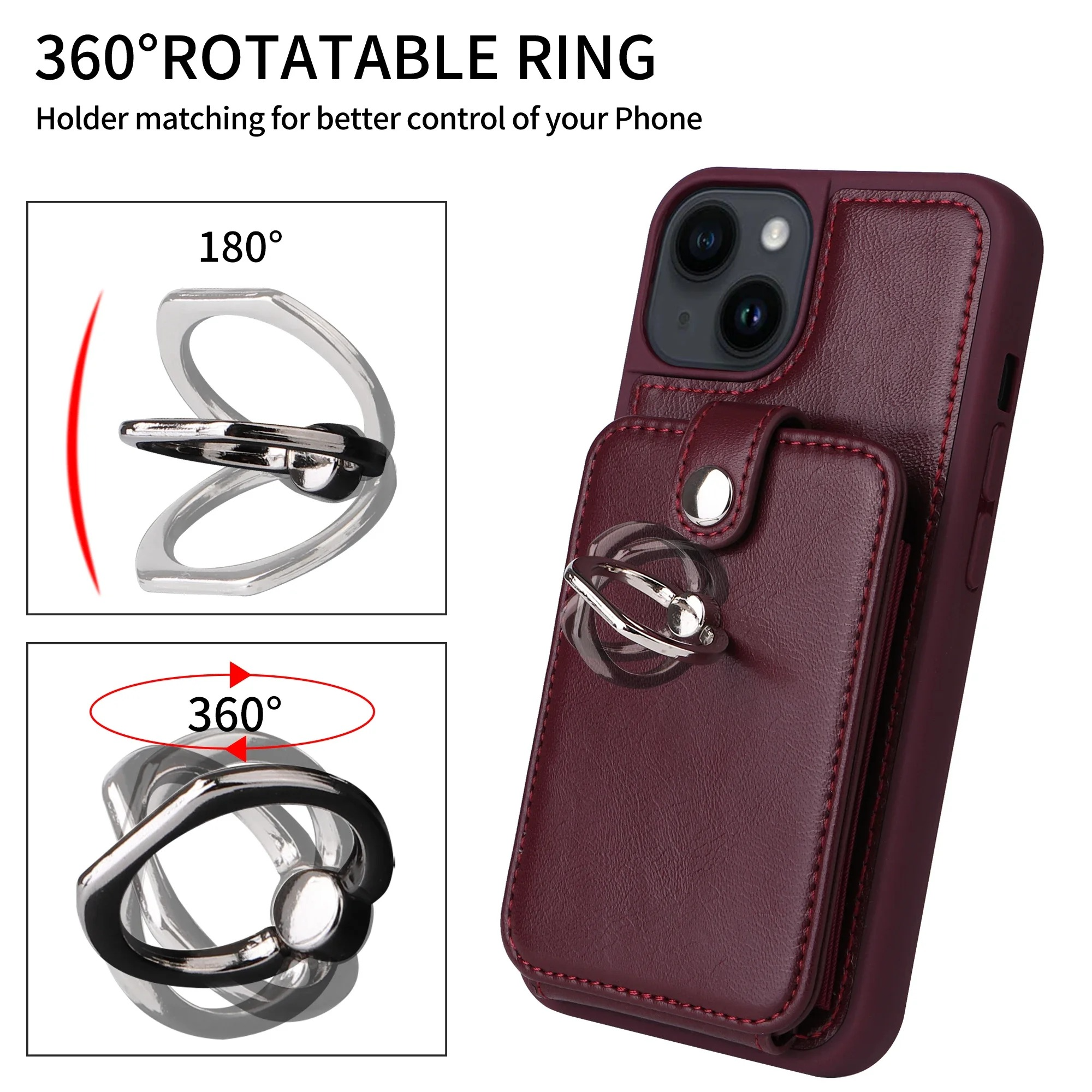 Luxury iPhone Leather Wallet Case with Ring Holder — Card Slot Cover, Shockproof Protective Design, Anti-Fingerprint Scratch-Resistant Non-Slip Finish