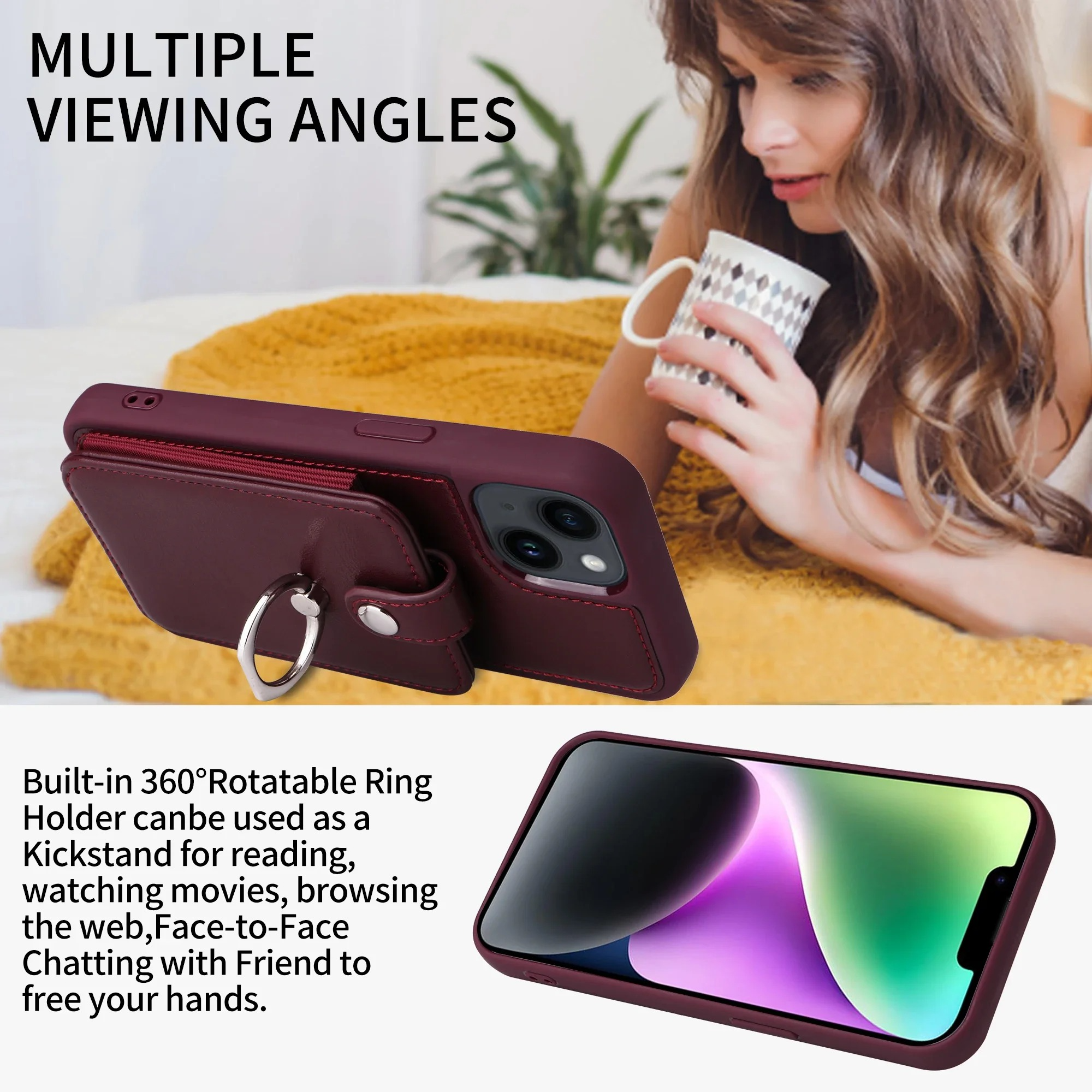 Luxury iPhone Leather Wallet Case with Ring Holder — Card Slot Cover, Shockproof Protective Design, Anti-Fingerprint Scratch-Resistant Non-Slip Finish