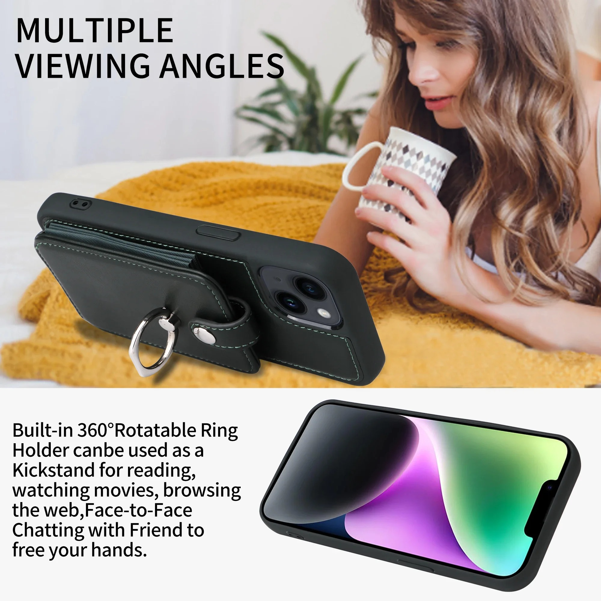 Luxury iPhone Leather Wallet Case with Ring Holder — Card Slot Cover, Shockproof Protective Design, Anti-Fingerprint Scratch-Resistant Non-Slip Finish