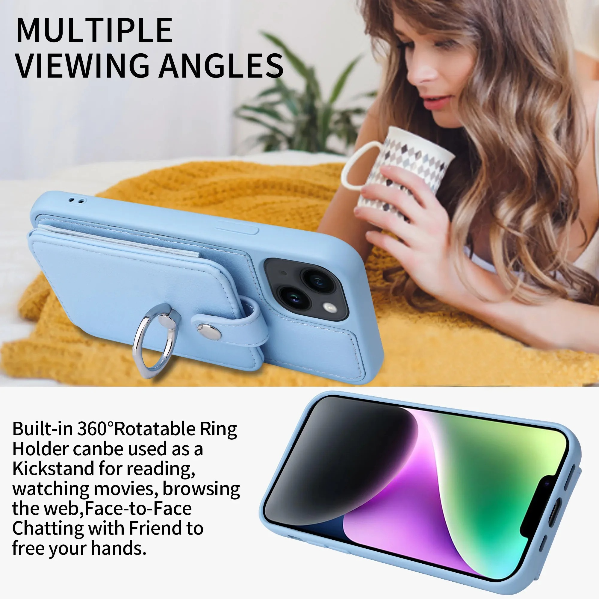 Luxury iPhone Leather Wallet Case with Ring Holder — Card Slot Cover, Shockproof Protective Design, Anti-Fingerprint Scratch-Resistant Non-Slip Finish