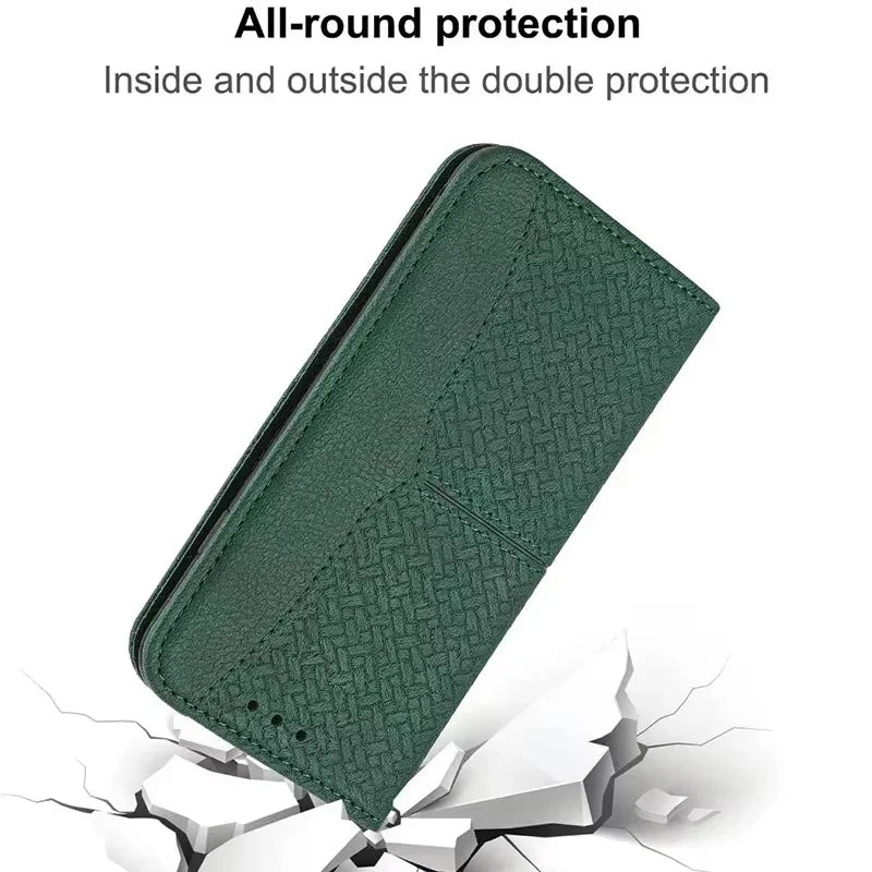 Luxury iPhone Leather Wallet Flip Case — Magnetic Cover with Card Holder, Kickstand Function, Dual Layer Shockproof Protection, Anti-Fingerprint Design