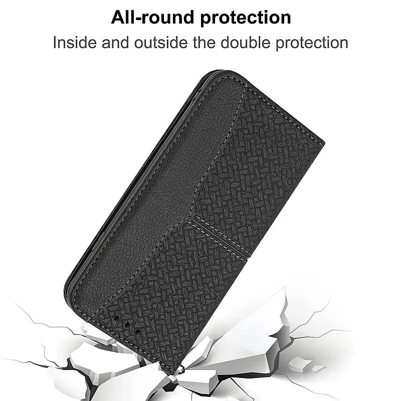 Luxury iPhone Leather Wallet Flip Case — Magnetic Cover with Card Holder, Kickstand Function, Dual Layer Shockproof Protection, Anti-Fingerprint Design