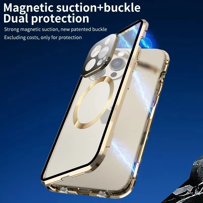 Luxury iPhone MagSafe Case Double-Sided Glass Cover — 360° Full Body HD Transparent Protection, Magnetic Metal Alloy Frame, Shockproof Anti-Fingerprint Design