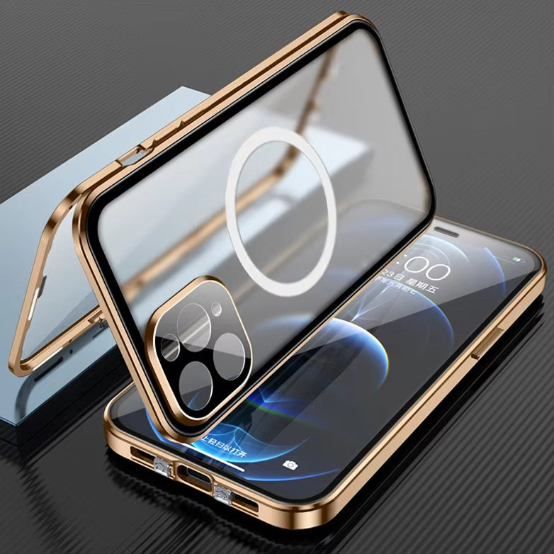 Luxury iPhone MagSafe Case Double-Sided Glass Cover — 360° Full Body HD Transparent Protection, Magnetic Metal Alloy Frame, Shockproof Anti-Fingerprint Design