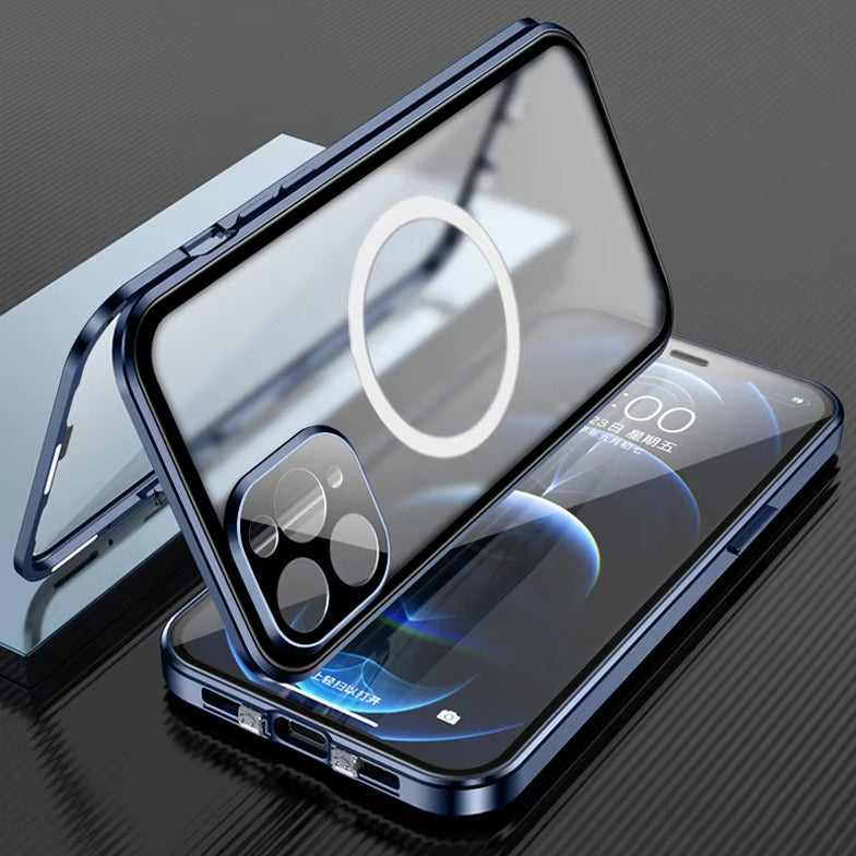 Luxury iPhone MagSafe Case Double-Sided Glass Cover — 360° Full Body HD Transparent Protection, Magnetic Metal Alloy Frame, Shockproof Anti-Fingerprint Design