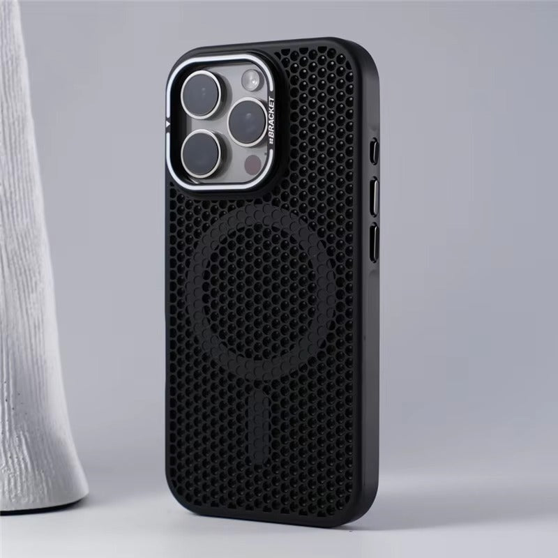 Luxury iPhone MagSafe Case Honeycomb Heat Dissipation — Matte Shockproof Cover with Lens Holder, Lightweight Anti-Fingerprint Scratch-Resistant Design