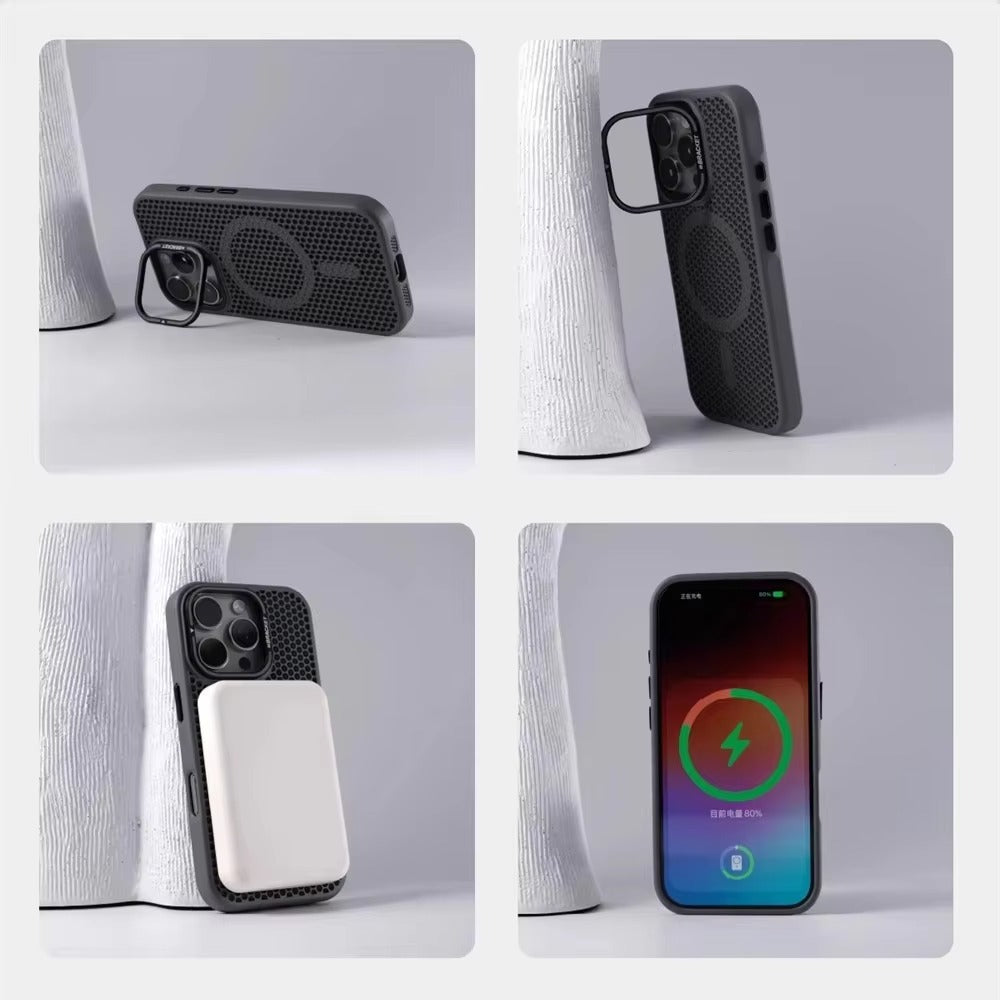Luxury iPhone MagSafe Case Honeycomb Heat Dissipation — Matte Shockproof Cover with Lens Holder, Lightweight Anti-Fingerprint Scratch-Resistant Design