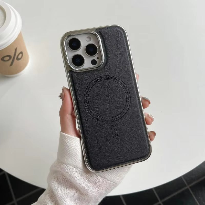 Luxury iPhone MagSafe Case Leather Matte Cover — Plating Frame Magnetic Wireless Charging, Business Style Shockproof Bumper Armor, Anti-Fingerprint Scratch-Resistant Design