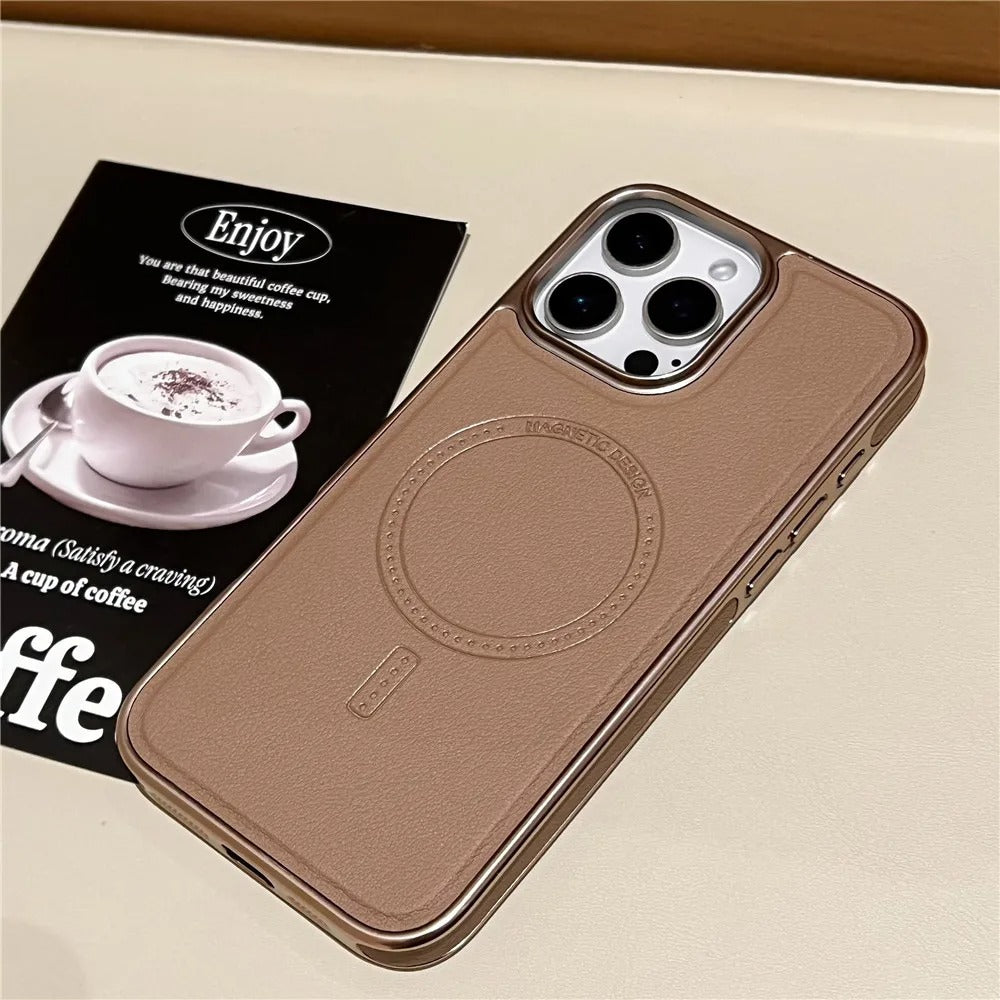 Luxury iPhone MagSafe Case Leather Matte Cover — Plating Frame Magnetic Wireless Charging, Business Style Shockproof Bumper Armor, Anti-Fingerprint Scratch-Resistant Design