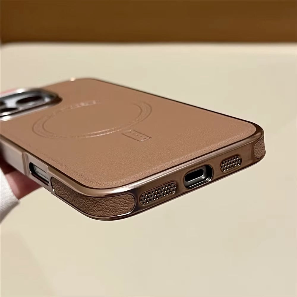Luxury iPhone MagSafe Case Leather Matte Cover — Plating Frame Magnetic Wireless Charging, Business Style Shockproof Bumper Armor, Anti-Fingerprint Scratch-Resistant Design