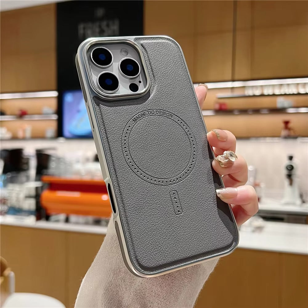 Luxury iPhone MagSafe Case Leather Matte Cover — Plating Frame Magnetic Wireless Charging, Business Style Shockproof Bumper Armor, Anti-Fingerprint Scratch-Resistant Design